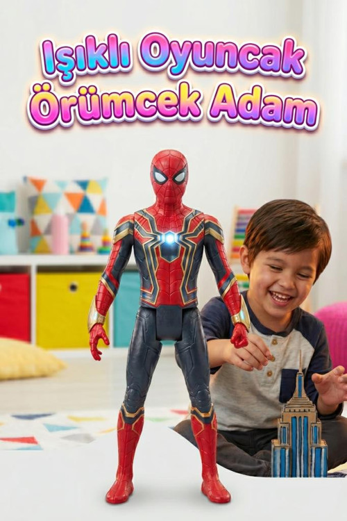 Işıklı Sesli Pilli Kafası ve Eklemleri Hareket Eden 30cm Detaylı Oyuncak Örümcek Adam Figürü