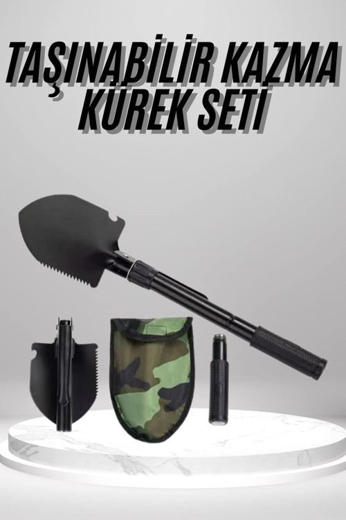 Pusulalı Katlanabilen Portatif Çantalı Mini Kazma Kürek Seti