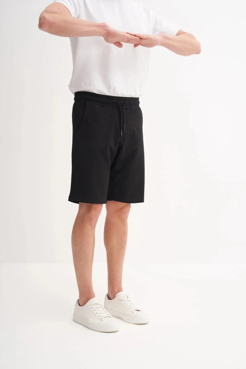 Slim Fit Dar Paça Likralı Örme Bermuda Şort 60820 Siyah