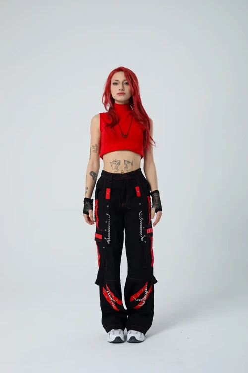 Kırmızı Şerit Detaylı Baggy Cyber-Pants - Cesur ve Şık Sokak Stili