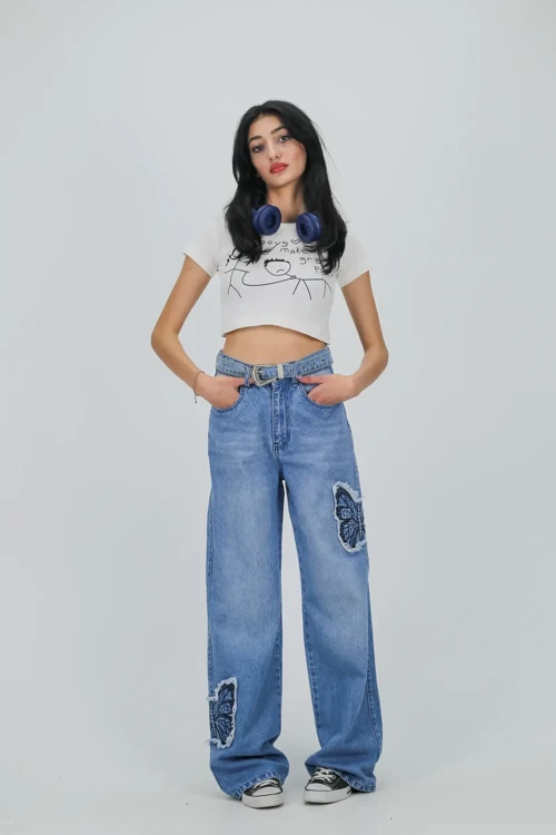 Butterfly Patch Mavi Baggy Jean | Şık ve Rahat Geniş Paça Moda