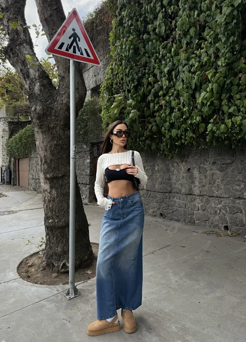 Vintage Yıkamalı Uzun Maxi Denim Etek - Retro Yüksek Bel Yırtmaçlı Kot Etek
