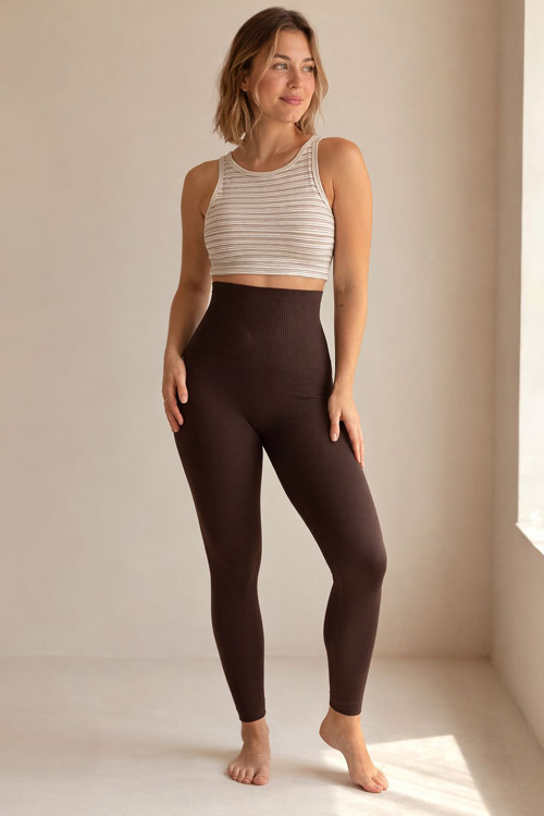 Yüksek Bel Uzun Korse Tayt, Karın Toparlayıcı Kalça Şekillendirici İncelten Slim Fit Kadın Shapewear Kahverengi