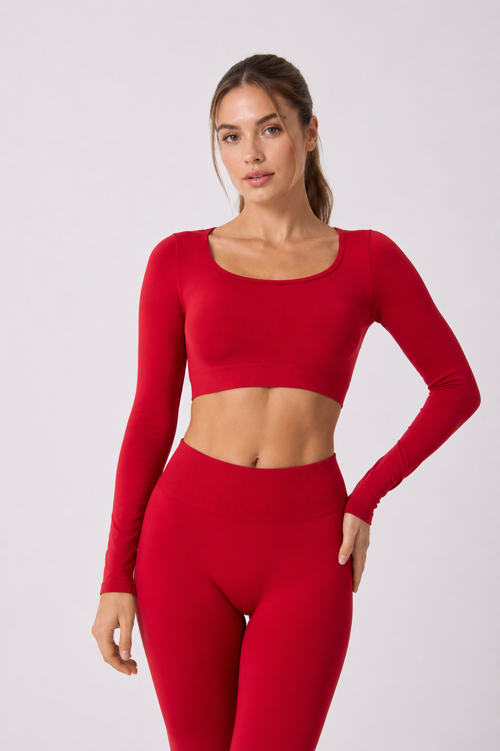 Kare Yaka Uzun Kollu Crop Top Seamless