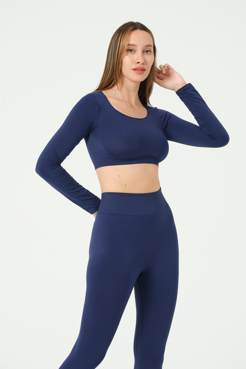 Kare Yaka Uzun Kollu Crop Top Seamless