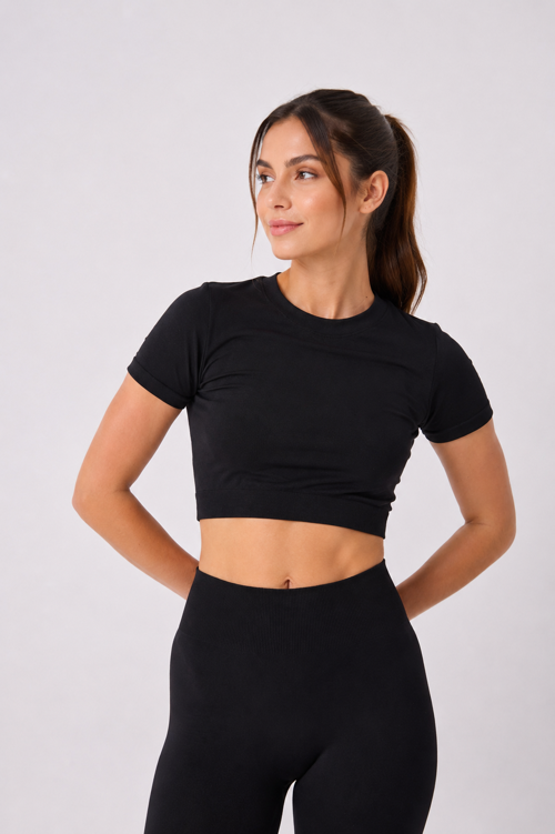 Kadın Kısa Kollu Esnek Basic Crop T-Shirt