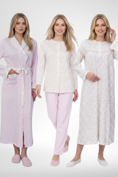 Mecit 6386 Pembe Büyük Beden Kadın Sabahlık Pijama Gecelik Set