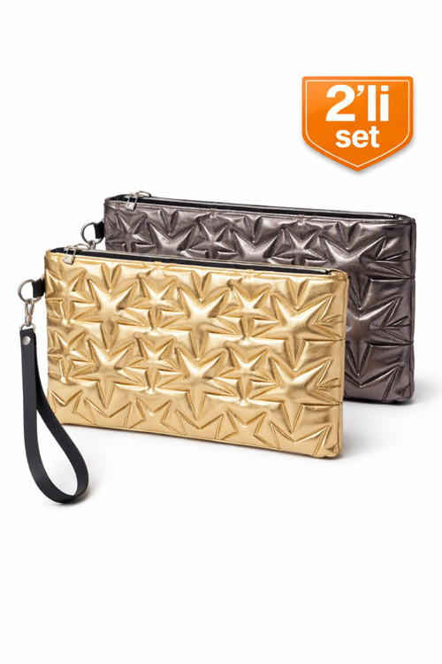 2'li Çanta Paketi Yıldız Desenli Portföy El Çantası Bilek Askılı Clutch Çanta