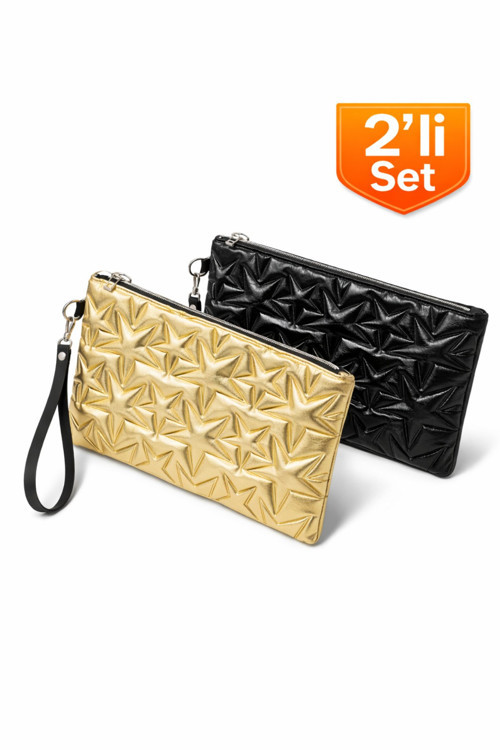 2'li Çanta Paketi Yıldız Desenli Portföy El Çantası Bilek Askılı Clutch Çanta