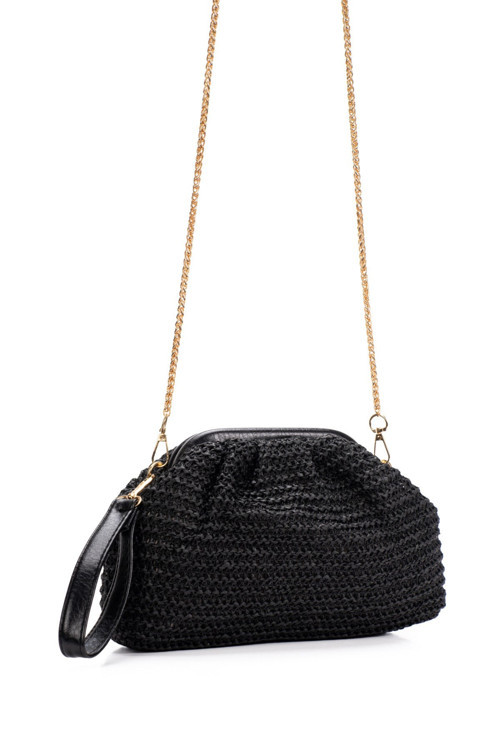 Kadın Burslu Hasır Çanta Portföy Clutch Siyah Omuz Çantası El ve Omuz Askılı Hasır Çanta
