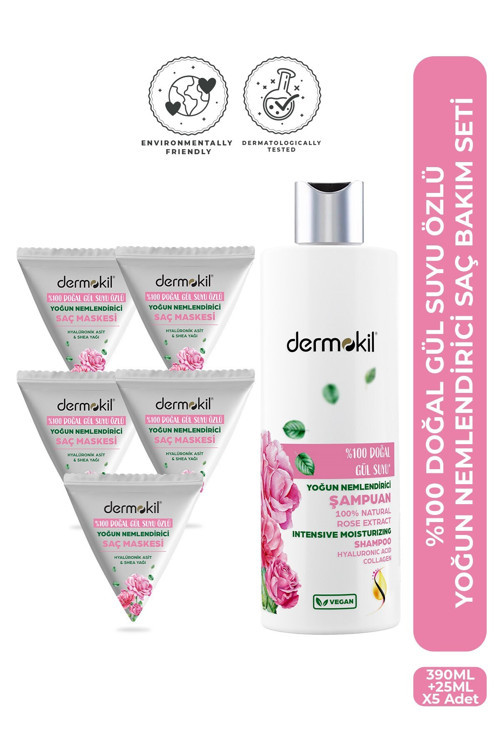 %100 Doğal Gül Suyu Yoğun Nemlendirici Saç Maskesi 25 ml x 5 Adet & %100 Doğal Gül Suyu Şampuan 390 ml Saç Bakım Seti