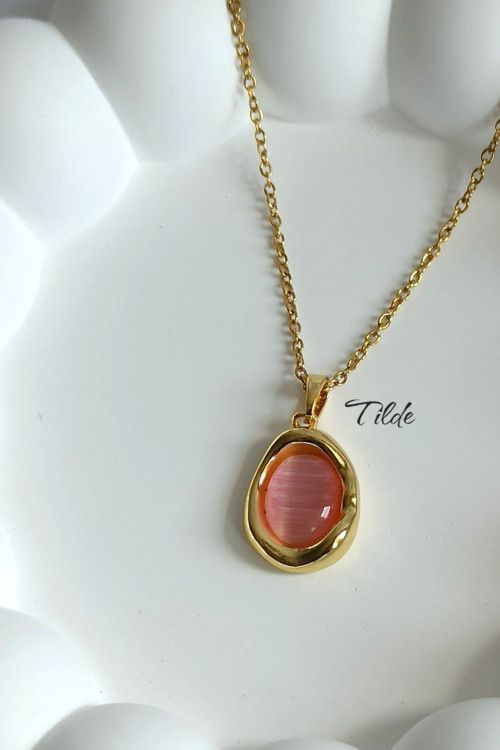 Pembe Kedi Gözü Taşlı Vintage Kadın Kolye Paslanmaz Çelik Kararmaz Gold Kolye
