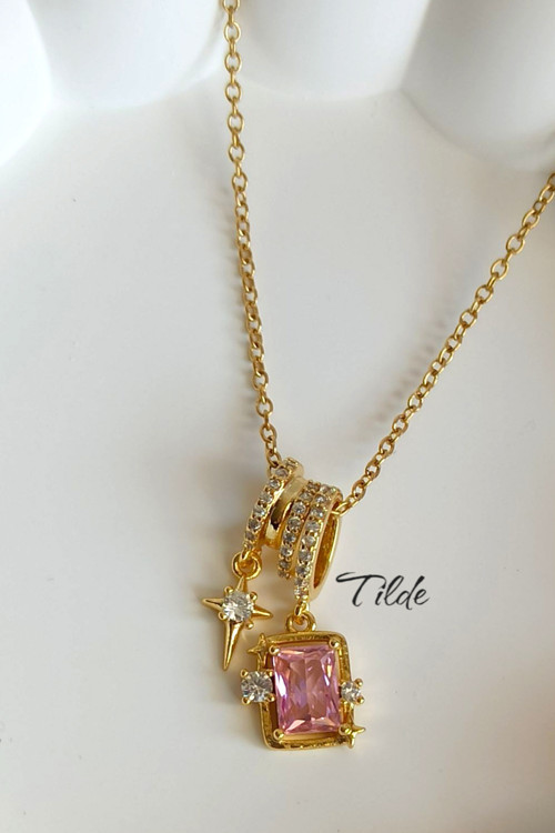 Çelik Pembe Baget Model Zirkon Taşlı Kolye 316L Paslanmaz Çelik Gold Kolye