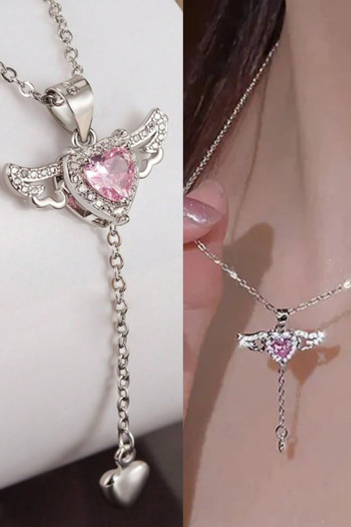 Pembe Zirkon Taşlı Hareketli Melek Kanadı Kalp Kolye 316L Paslanmaz Çelik Romantik Hediye