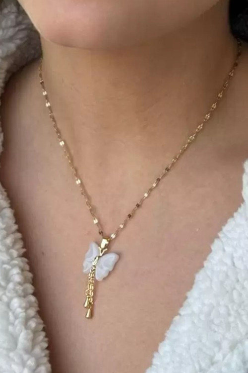 Kelebekli Gold Kolye Çelik Kararmaz Kolye Sedefli Kolye, Kelebek Kolye Hediye