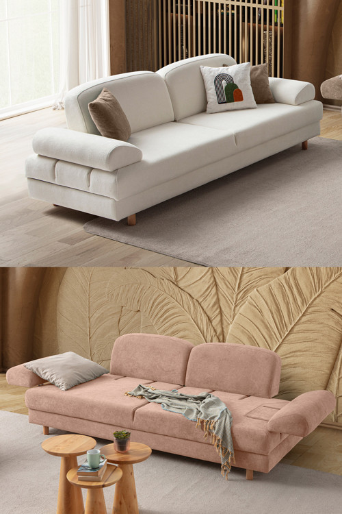 Aries Yataklı Sandıklı Koltuk Takımı 3+3 Beyaz Pembe