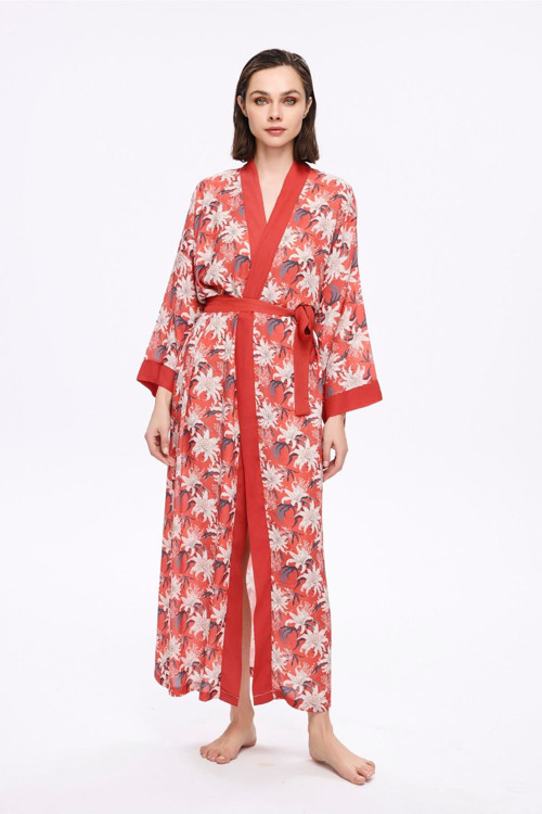Nar Çiçeği Kırmızı Çiçek Desenli Uzun Kimono 5040
