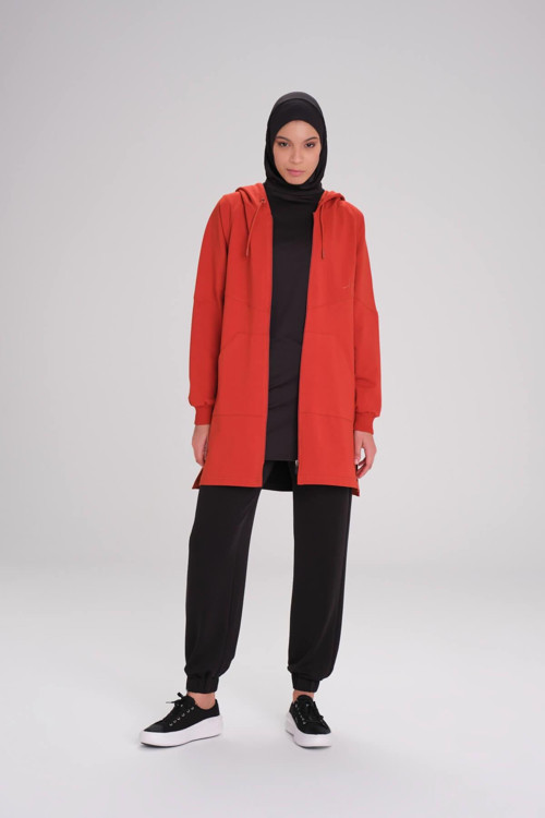 Yumuşak Dokulu Reglan Kapüşonlu Fermuarlı Kırmızı Basic Günlük Sweatshirt ACT-12