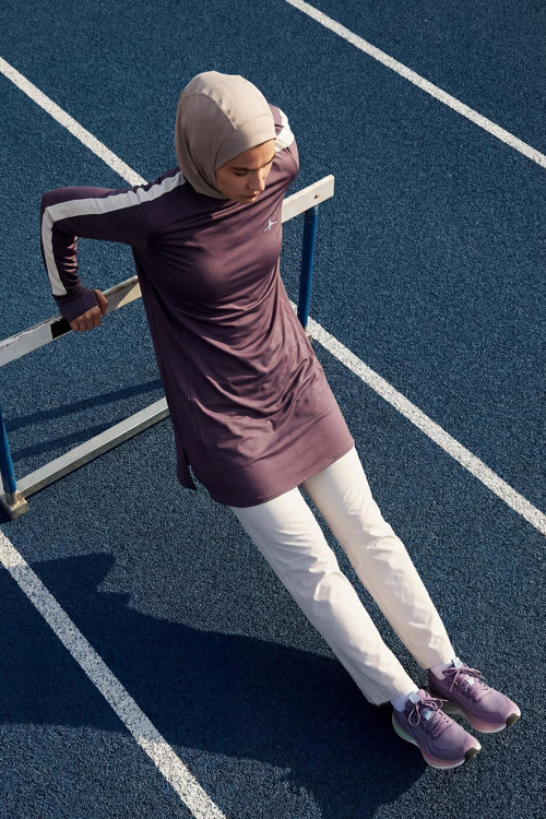 Active H-Per Fit Bisiklet Yaka Kolları Şerit Detaylı Mor Tesettür Antrenman Üstü ACT-35