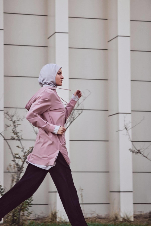 Active Uzun Kollu Kapüşonlu Fermuarlı Pembe Tesettür Antrenman Üstü ACT-10