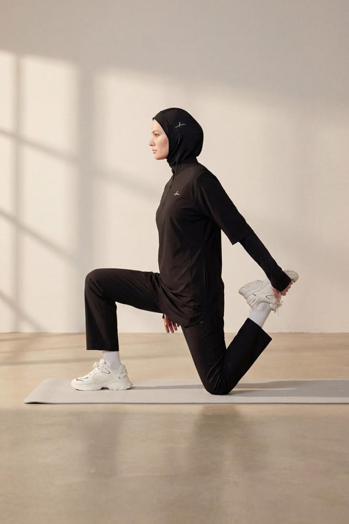 Active H-Per Fit Lazer Kesim Detaylı Siyah Tesettür Antrenman Üstü ACT-33