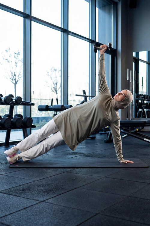 Active H-Per Fit Bisiklet Yaka Kolları Şerit Detaylı Mint Tesettür Antrenman Üstü ACT-35