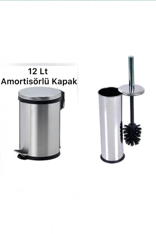 12 Litre Paslanmaz Krom 2'Li Banyo Seti Pedallı Çöp Kovası Wc Klozet Tuvalet Fırça Banyo Seti