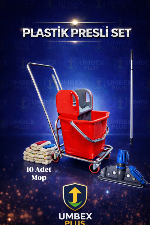 Umbex Tek Kovalı Krom Temizlik Arabası Ve Paspas Arabası Temizlik Seti Plastik + Islak Mop Seti.
