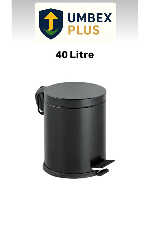 Umbex Siyah 40 Litre Metal Paslanmaz Çöp Kovası Çöp Kutusu Pedallı Amortisörlü Kapak