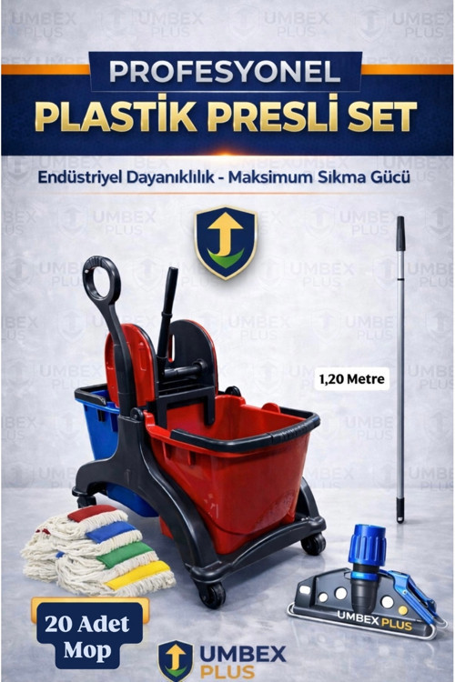 Umbex Çift Kovalı Plastik Temizlik Arabası Paspas Arabası Islak Mop Seti 20 Islak Mop