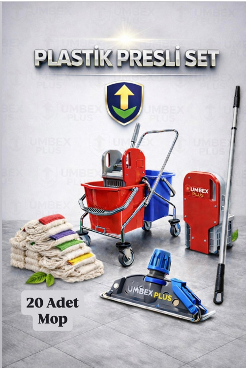Umbex Çift Kovalı Krom Paspas Arabası Temizlik Arabası Islak Mop Seti 20 Adet Islak Mop