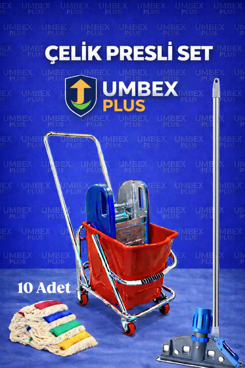 Umbex Tek Kovalı Çelik Presli Krom Temizlik Arabası Paspas Arabası Temizlik Seti + Islak Mop Seti.