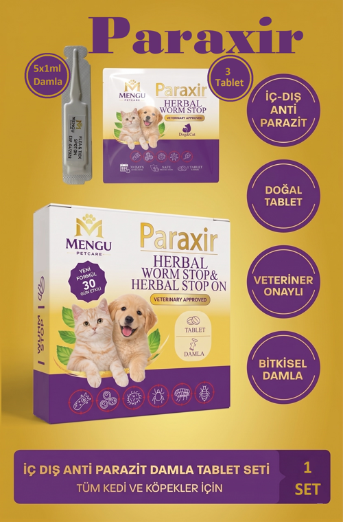 Paraxir Kedi İç Dış Bitkisel Parazit İç Dış Damlası Köpek İç Dış Anti Parazit Bit Pire Kene Damla Seti (5 Damla 3 Tablet)