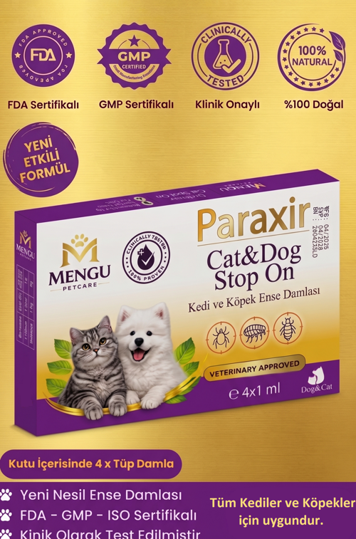Paraxir Kedi ve Köpek Damlası Pire Dış Parazit Bit Kene Deri Bakımı Için Bitkisel Damla ( 1-10 Kg ) 4 Tüp x 1 ml