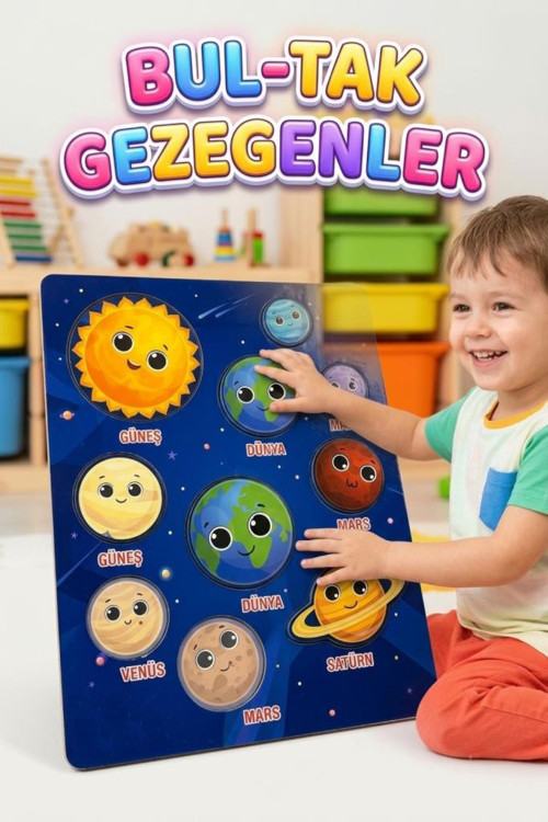 11 Parça Ahşap Bul-Tak Gezegenler Eğitici ve Eğlenceli Uzay Temalı Oyuncak Puzzle