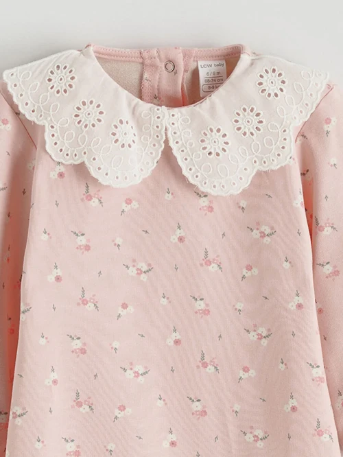 Pembe Bebe Yaka Çiçekli Kız Bebek Tulum