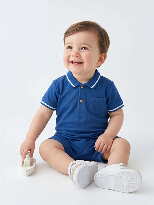 Mavi Polo Yaka Erkek Bebek Tulum