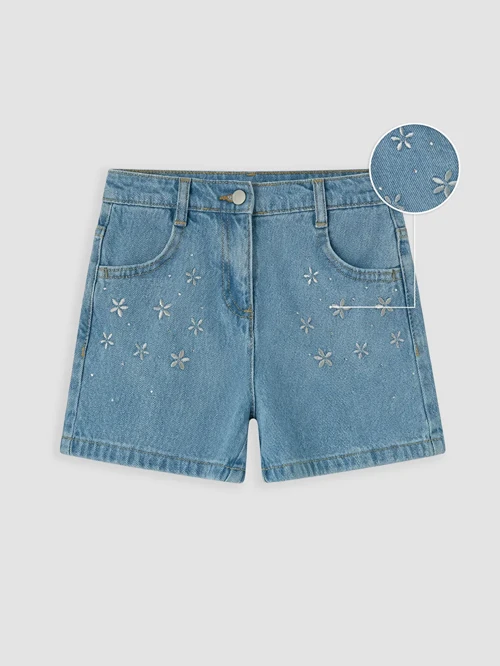 İndigo Çiçek Nakışlı Kız Çocuk Jean Şort