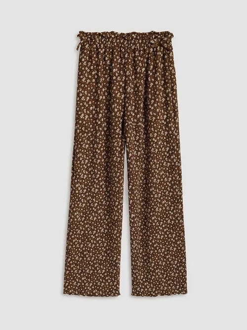 Kahverengi Çiçek Baskılı Geniş Paça Kız Çocuk Pantolon