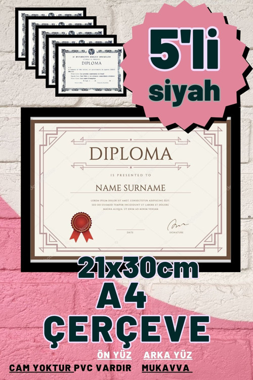 5 Adet A4 Çerçeve Diploma Belge Sertifika Fotoğraf Resim Çerçevesi Pvc 5 Li Siyah