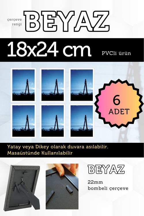 6 Adet Pvc Li 18X24 Cm 22Mm Bombeli Çerçeve Fotoğraf Resim Çerçevesi Ayaklı Veya Duvara Asma Yatay-Dikey