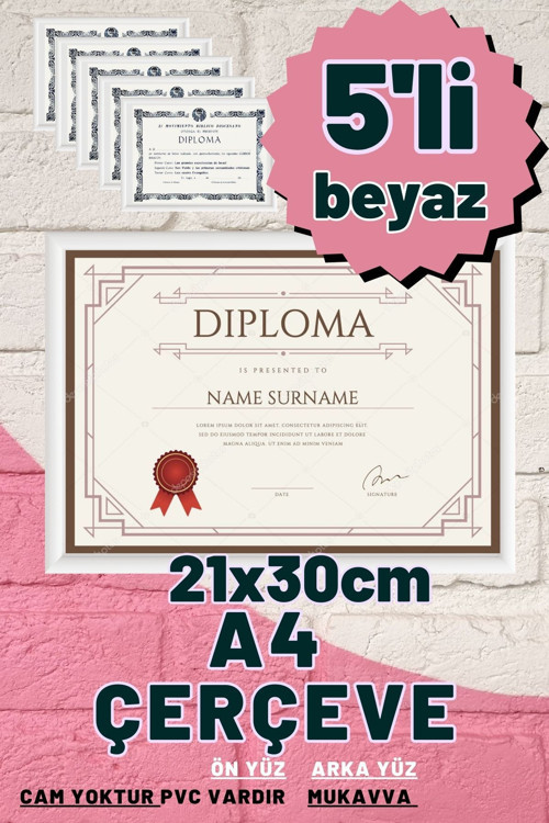 5 Adet A4 Çerçeve Diploma Belge Sertifika Fotoğraf Resim Çerçevesi Pvc 5 Li Beyaz