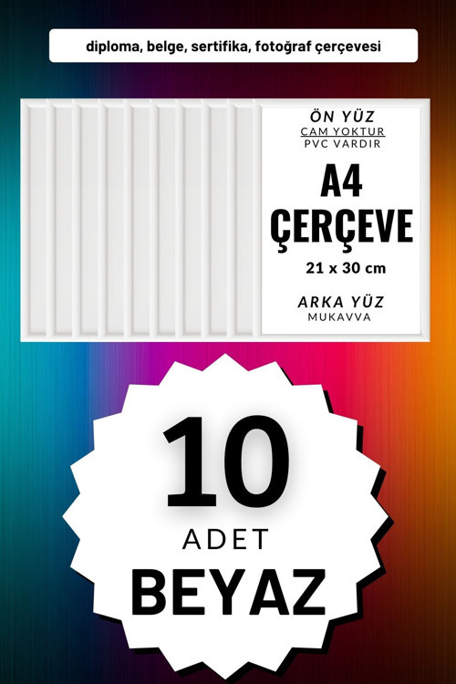 10 Adet A4 Çerçeve Diploma Belge Sertifika Fotoğraf Resim Çerçevesi Pvc 10Lu Beyaz