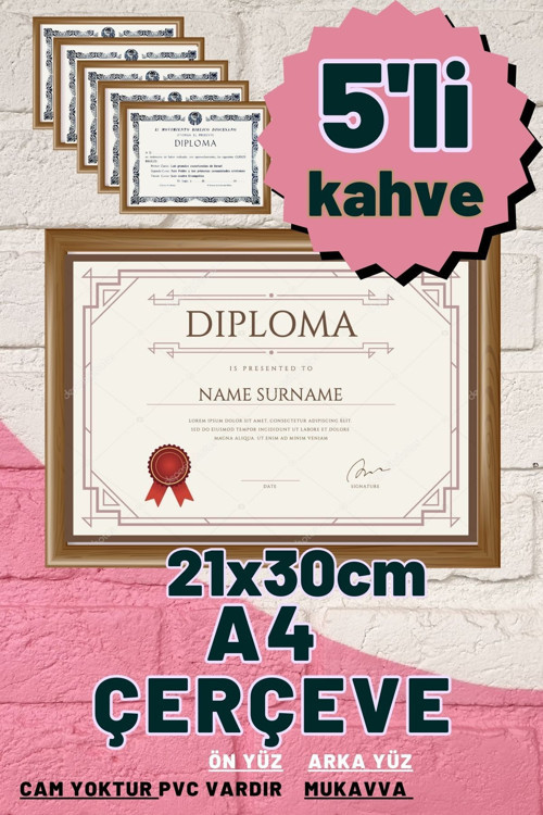 5 Adet A4 Çerçeve Diploma Belge Sertifika Fotoğraf Resim Çerçevesi Pvc 5 Li Kahverengi