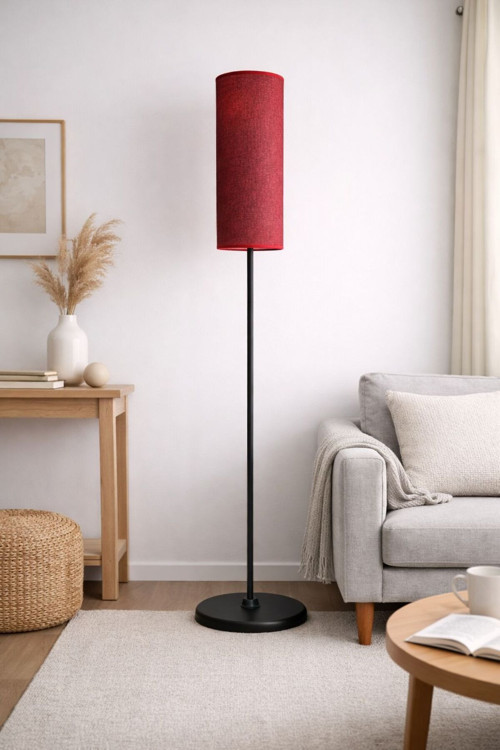 Venüs Rukh Lambader | Modern Siyah Metal Lambader | Hasır Bordo Kumaş Başlık | Ayaklı Aydınlatma