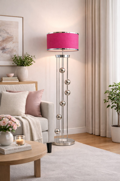 Venüs Arcturus | Modern Krom Metal Lambader| Pembe Krom Ş. Kumaş Başlık |Ayaklı Aydınlatma