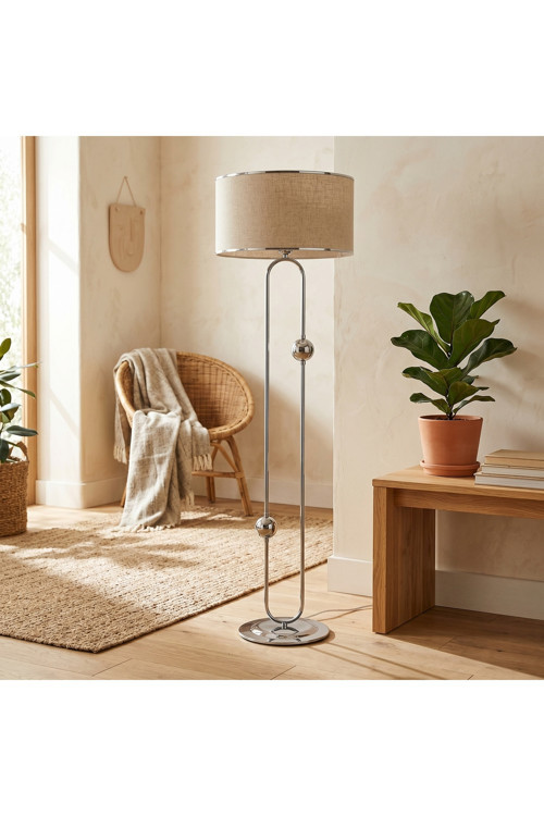 Sceptrum Krom Metal Lambader | Keten Krom Şerit Kumaş Başlık | Salon Lambası Ayaklı Aydınlatma