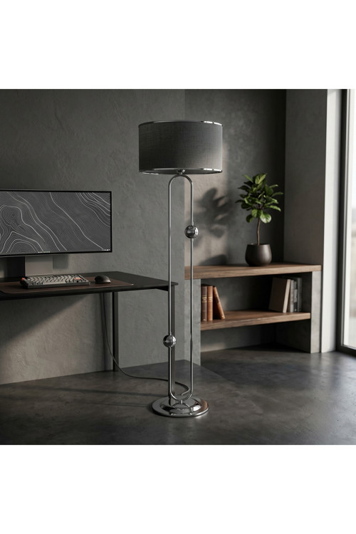 Sceptrum Krom Metal Lambader | Antrasit Krom Şerit Kumaş Başlık | Salon Lambası Ayaklı Aydınlatma