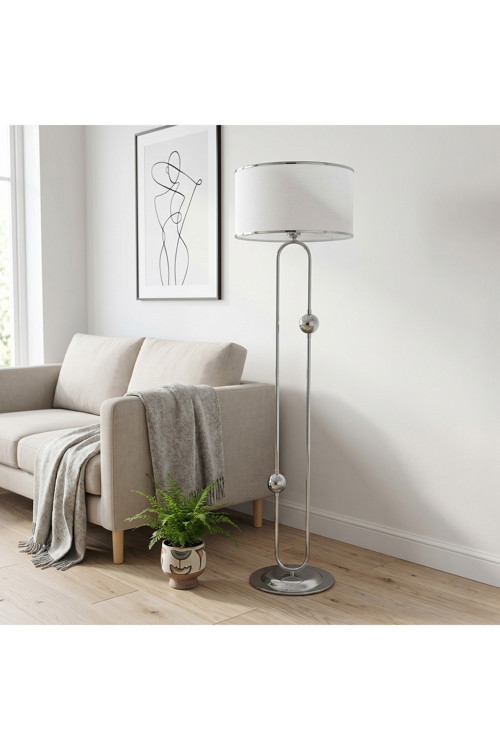 Sceptrum Krom Metal Lambader | Hasır Beyaz Krom Şerit Kumaş Başlık | Salon Lambası Ayaklı Aydınlatma