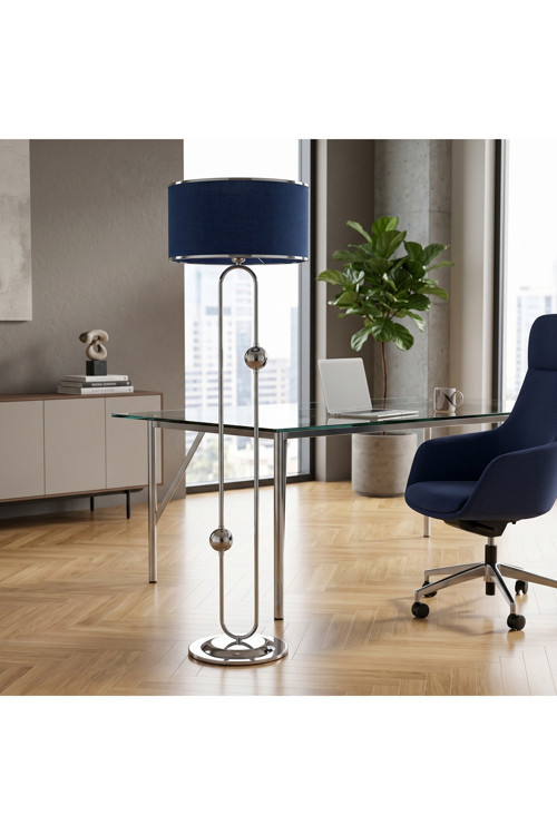 Sceptrum Krom Metal Lambader | Lacivert Krom Şerit Kumaş Başlık | Salon Lambası Ayaklı Aydınlatma